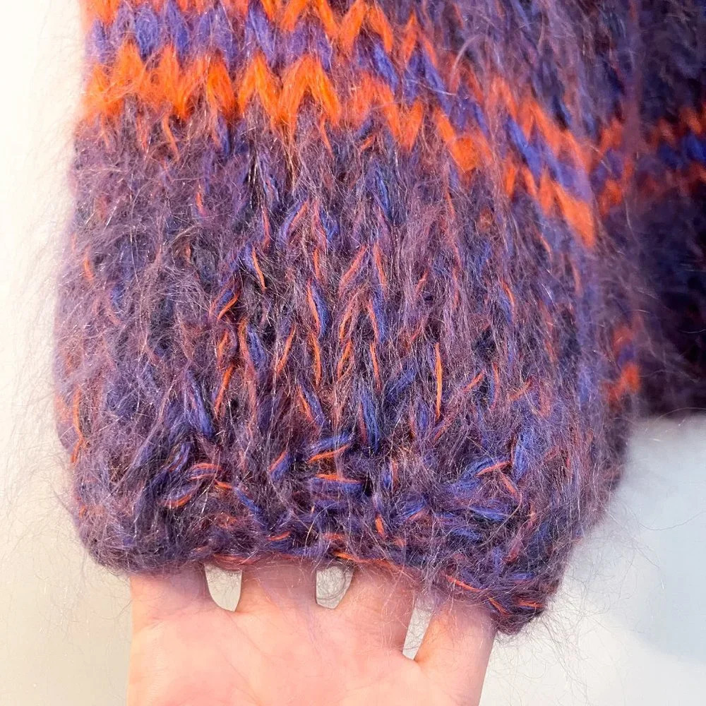 Les Tricots d'O Purple Kid Mohair Blend Striped Hand Knit V Neck Chunky Sweater - Picture 5 of 11